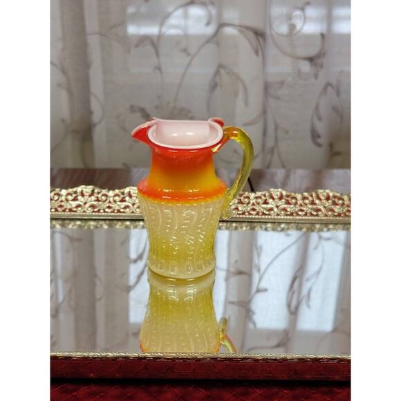 Vintage Small Art Glass Kawana Pitcher, Retro Vase Ewer, Orange Yellow - Picture 1 of 5